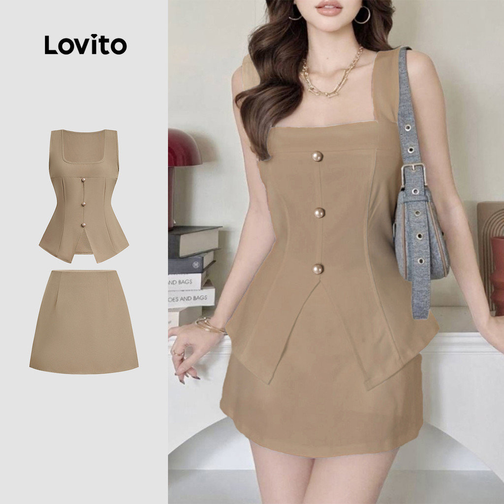 Lovito Conjunto Elegante De Blusas E Calças Dia a Dia Clássico Versátil Botões Frontais Primavera/verão Mulher L149ED356 em Oferta na Shopee