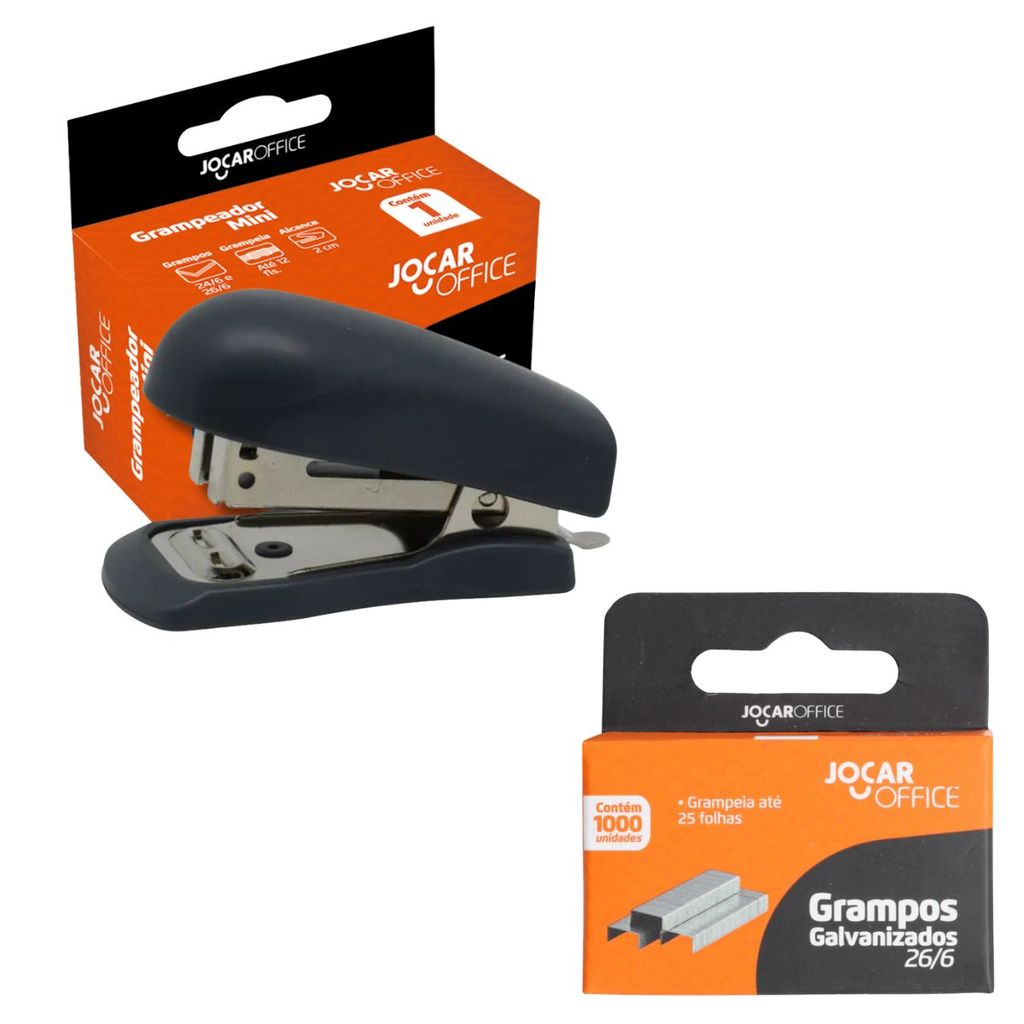 Grampeador Mini Color + Grampo Galvanizado 26/6 Jocar Office