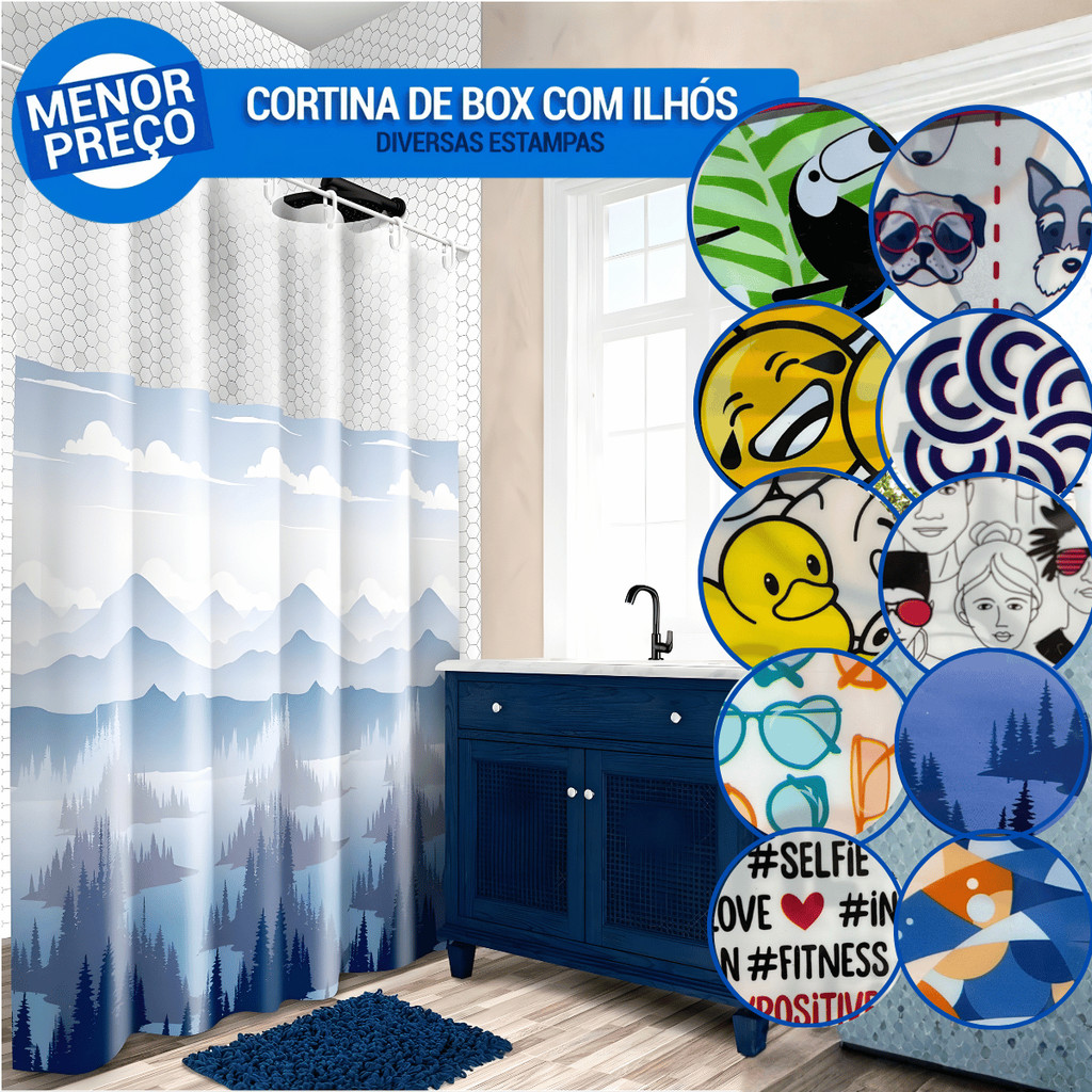 Cortina de Box c/ Visor Estampas Variadas 1,35x2,00m - Plast Leo / Banheiro Chuveiro