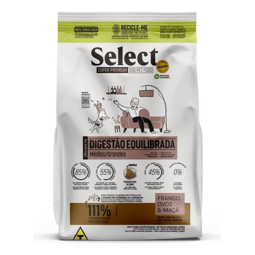 Ração Seca Monello Select Digestão Equilibrada Cão Adulto Médio/grande Frango/ovos/maçã 10.1kg