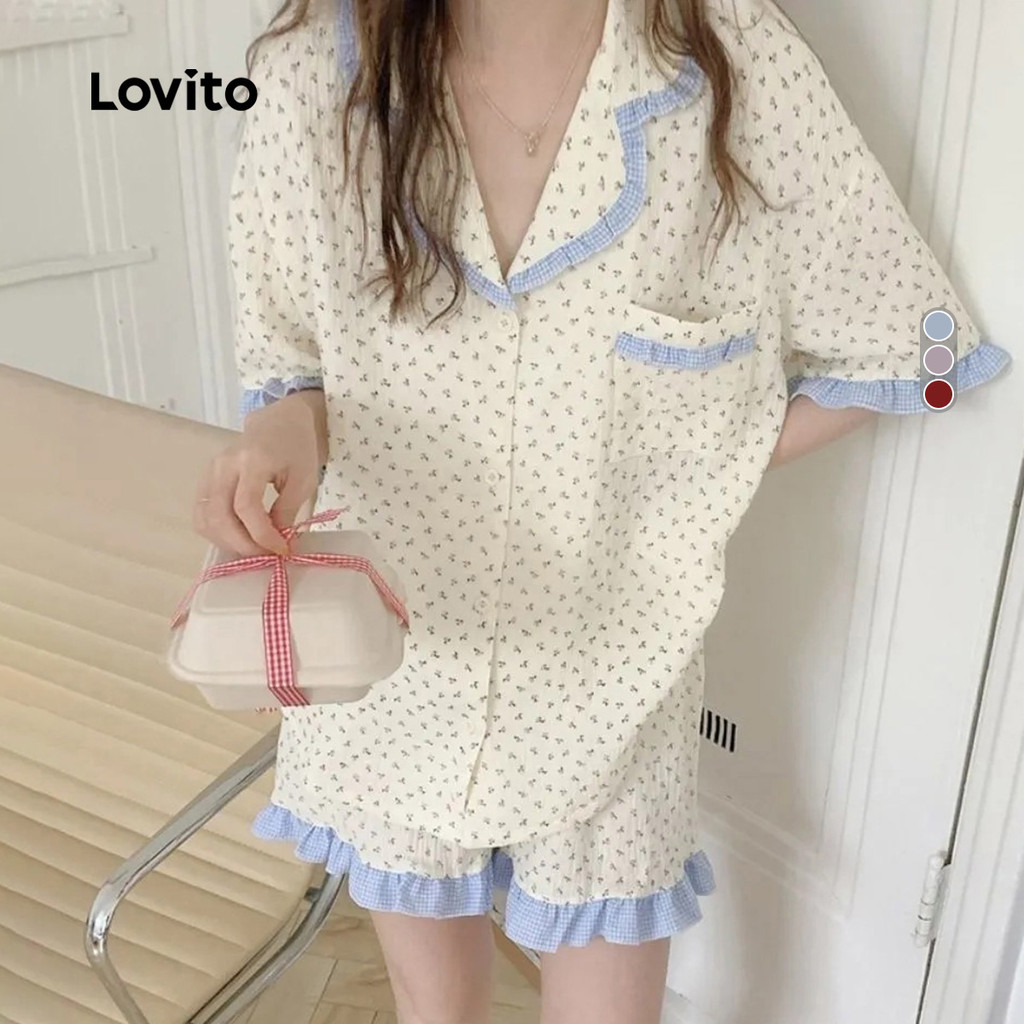 Lovito Conjunto de Pijama Fofo com 2 Peças com Gargantilha de Renda Primavera/verão Azul LNE117136 em Oferta na Shopee
