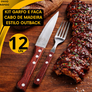 Kit12 Peças 6 Facas Jumbo 6 Garfos Inox Cabo de Madeira Churrasco Costela Outback Carne
