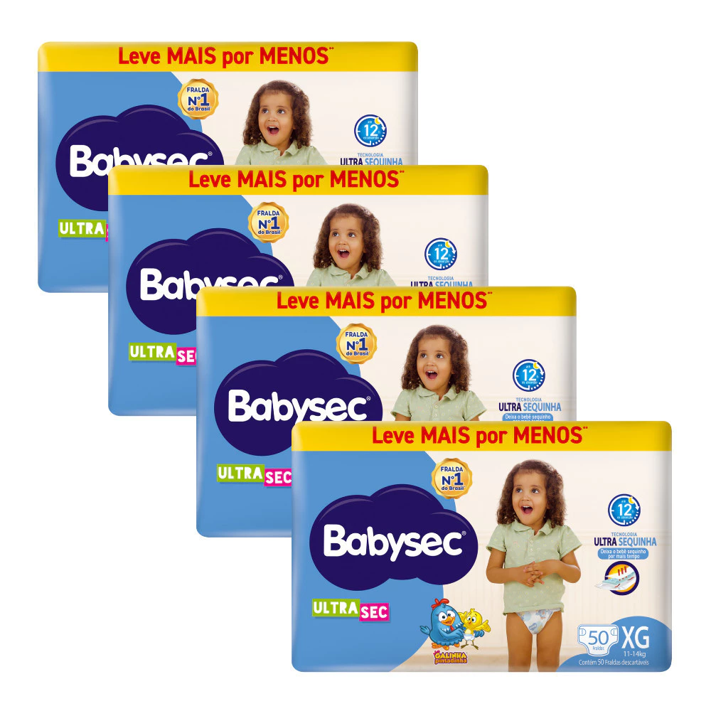 Pack 4x Fralda BabySec Hiper XG c/ 50 un - Ultrasec Galinha Pintadinha - Barreiras antivazamento
