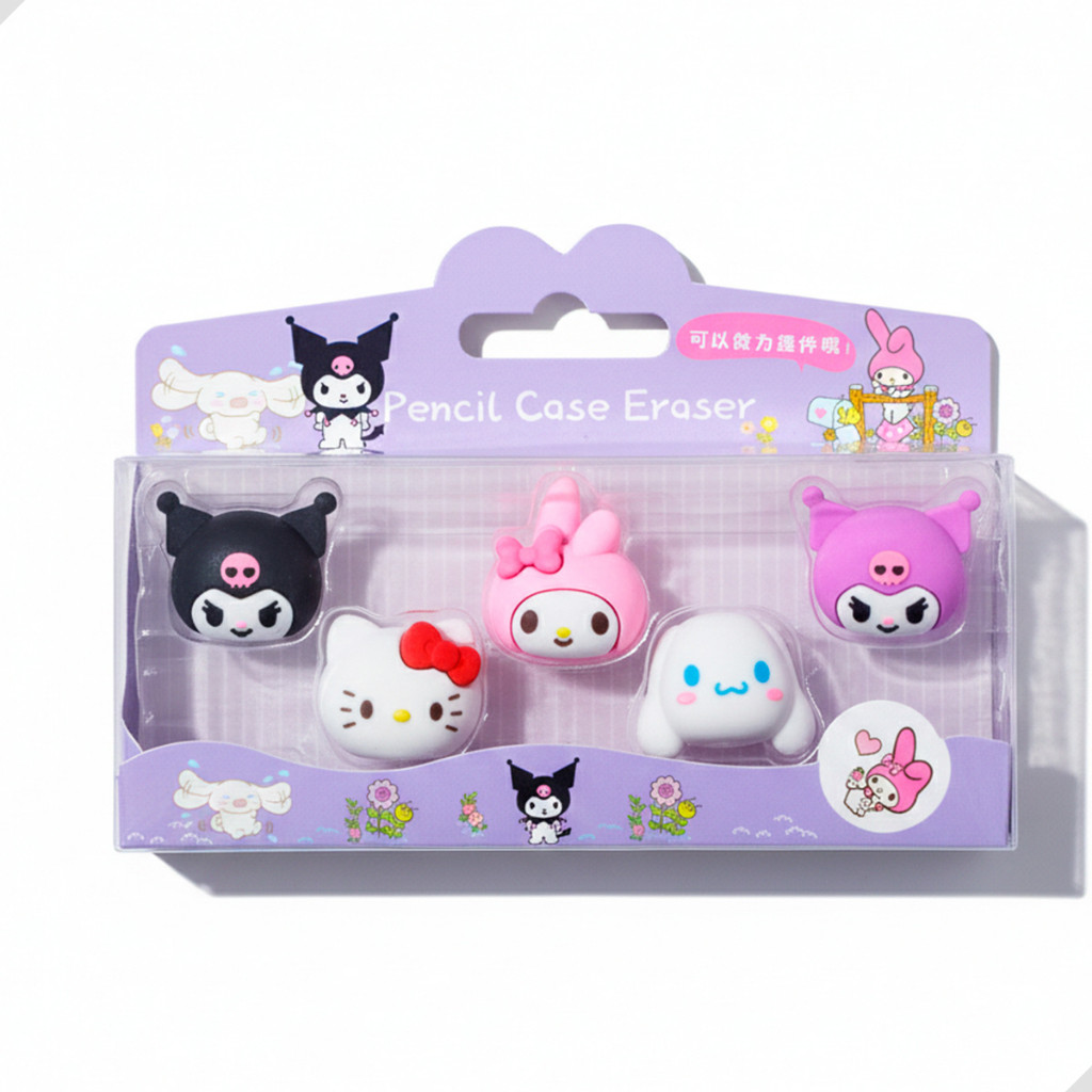 Kit 5 Borrachinhas Turma da Hello Kitty Sanrio Ponteira de Lápis Borracha Macia Escolar Infantil