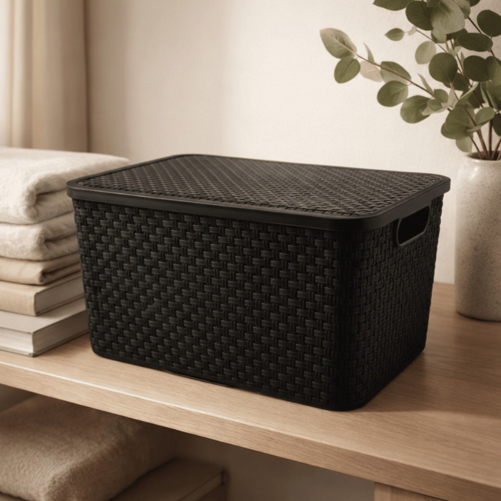 Caixa Organizadora Rattan 7L Preto Tampa com Trava - ARQPLAST / Cesto Container Plástico 7 Litros