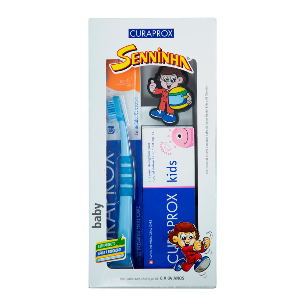 Escova Dental Curaprox Baby Cores Sortidas + Creme Dental Kids e 1 Chaveirinho Baby Senninha