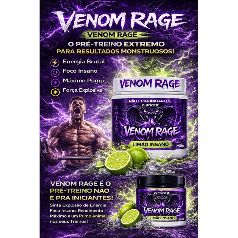 Venom Rage Extreme Pré-Treino 250g | Energia Brutal, Foco Insano e Pump Máximo