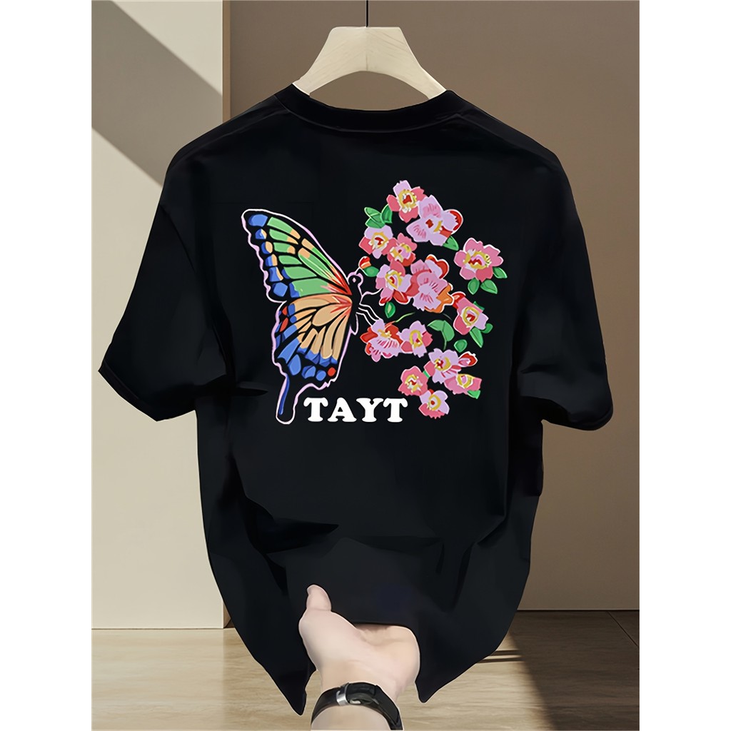 Camiseta Oversized Masculina Moderna De Algodão Puro, Estilo Streetwear, Adornada Com Estampas Vibrantes De Borboletas E