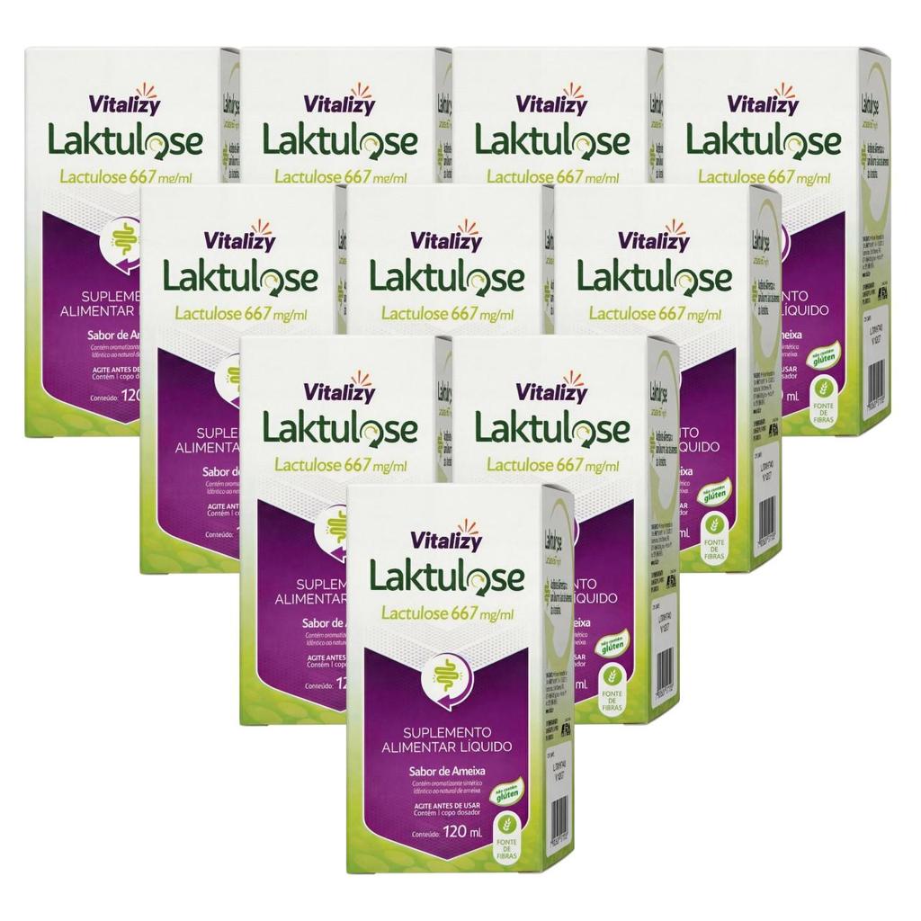 KIT Lactulose 10 Caixas de 120ml cada Vitalizy 667mg/ml  Ameixa Regulador Intestinal Sem Glúten Fonte De Fibras Natural