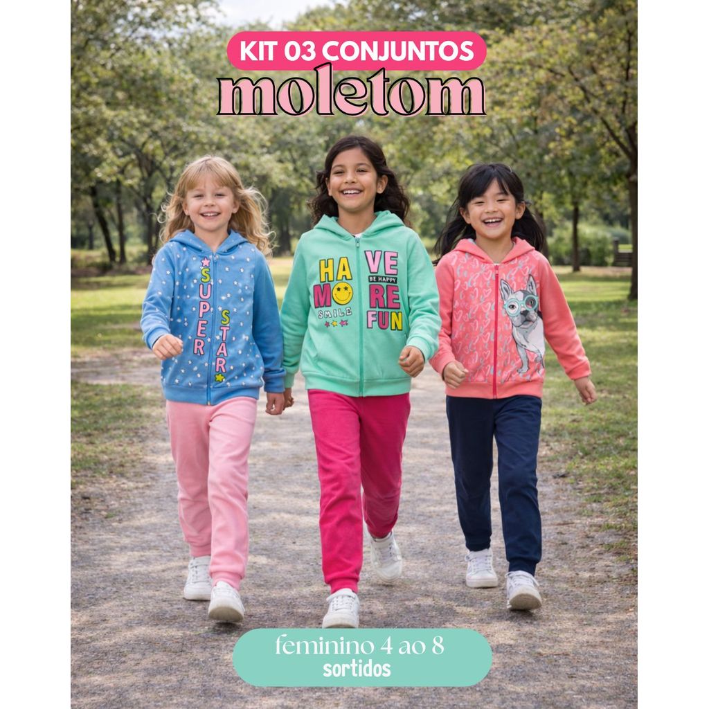 Kit 3 Conjunto Infantil Menina Moletom Flanelado Capuz Zíper Punho Roupa Inverno Feminino 4-8