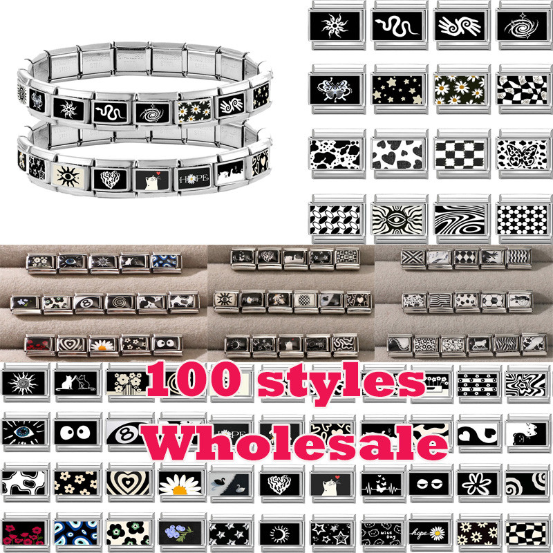 2026 Moda Preto Branco Redondo Estrelas Bolinhas Charme Italiano Links Caber 9mm Pulseira De Aço Inoxidável Jóias DIY Fa