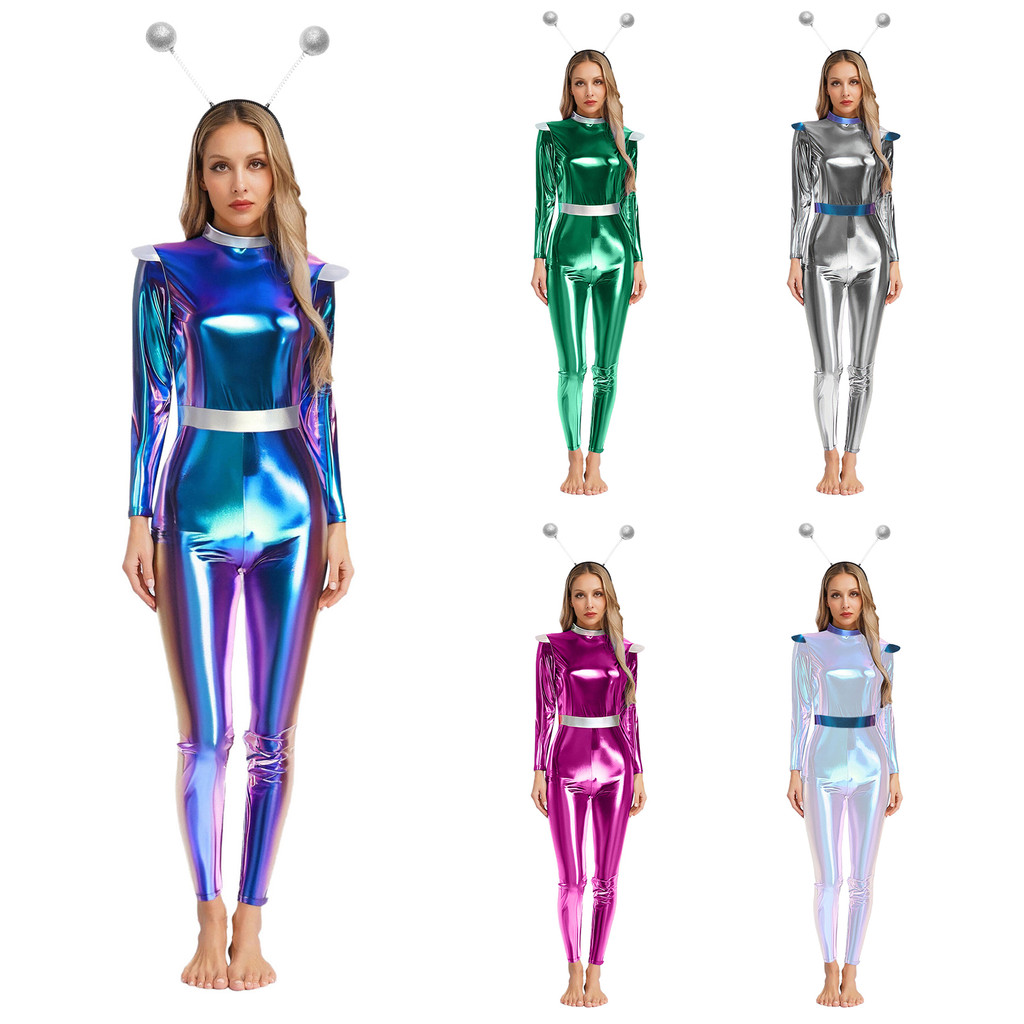 inhzoy Macacão Feminino Alienígena Robô Astronauta Cosplay Com Chapéu Manga Comprida Corpo Inteiro Metálico Brilhante Un