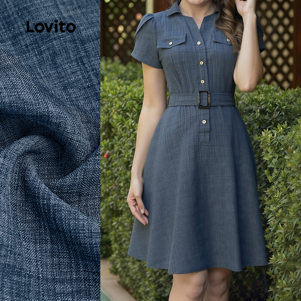 Lovito  Vestido Azul Feminino Primavera/verão com Botões Frontais e Cinto LBL32171 em Oferta na Shopee