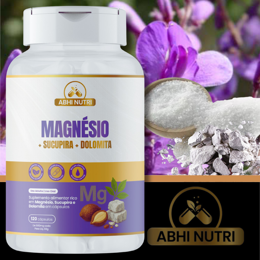 Cloreto de Magnésio PA + Sucupira + Dolomita - 120 Cápsulas de 500 mg - Kits Com 1, 2 e 3 Frascos. ABHI Nutri