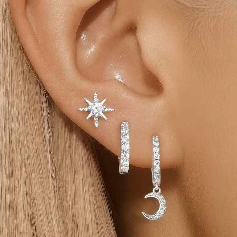 KIT 3 PARES Prata 925 de Brincos lua e estrela Flores corações Cravejada Zircônia com Garantia Banhada em Ouro 18k