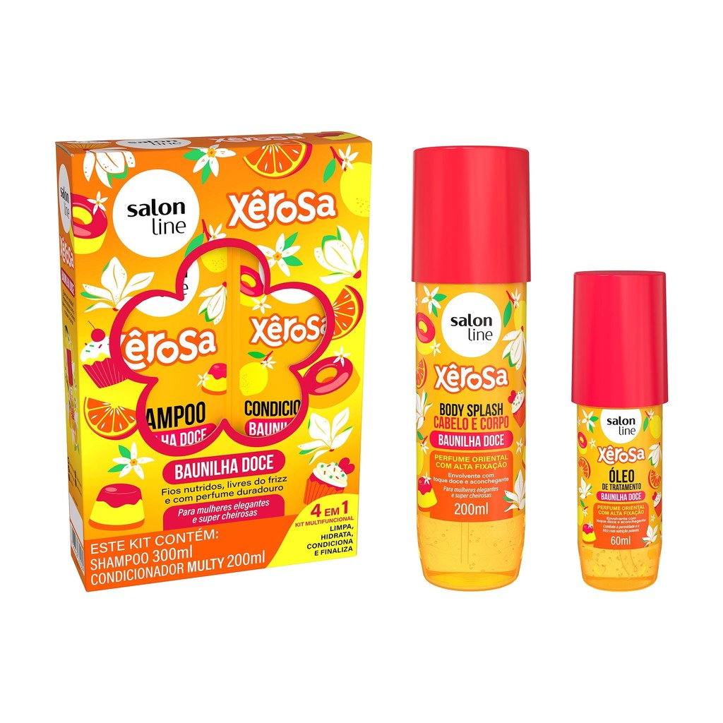 Kit Shampoo + Condicionador, Body Splash e Óleo de Tratamento Xêrosa Baunilha Doce