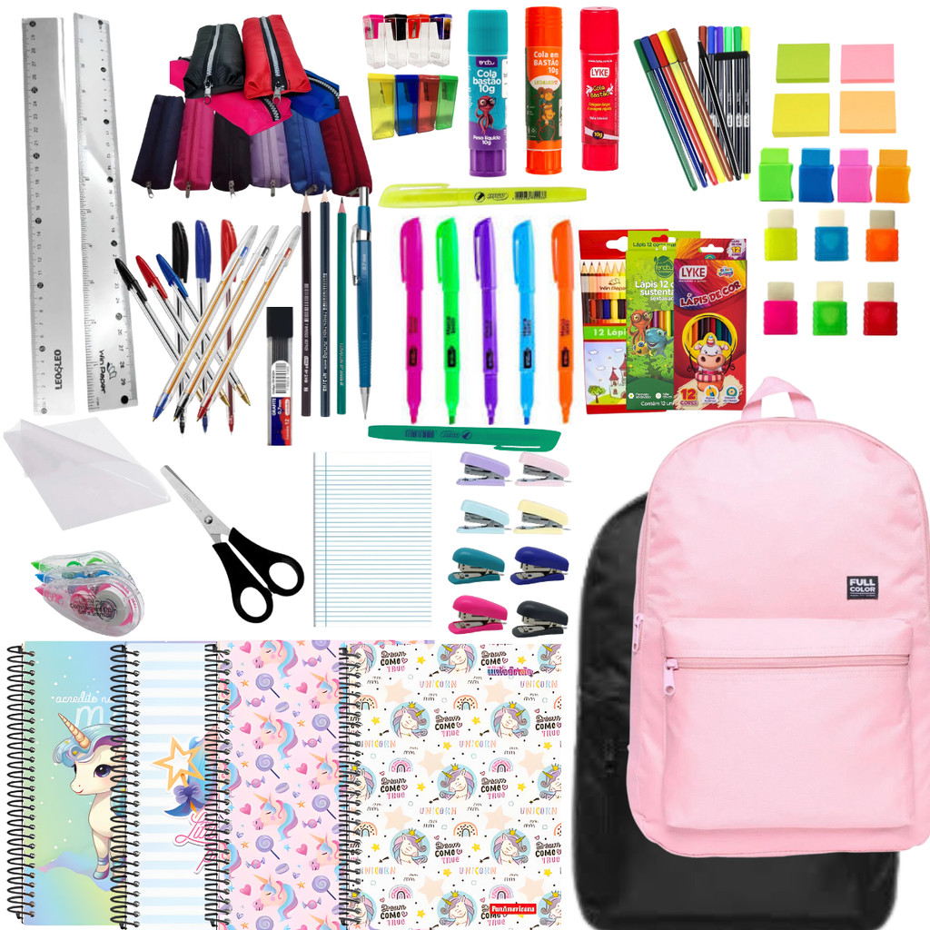 Kit Escolar 50 Iten Essenciais Caderno Unicórnio Mochila e Estojo para Escola Universidade em Oferta na Shopee