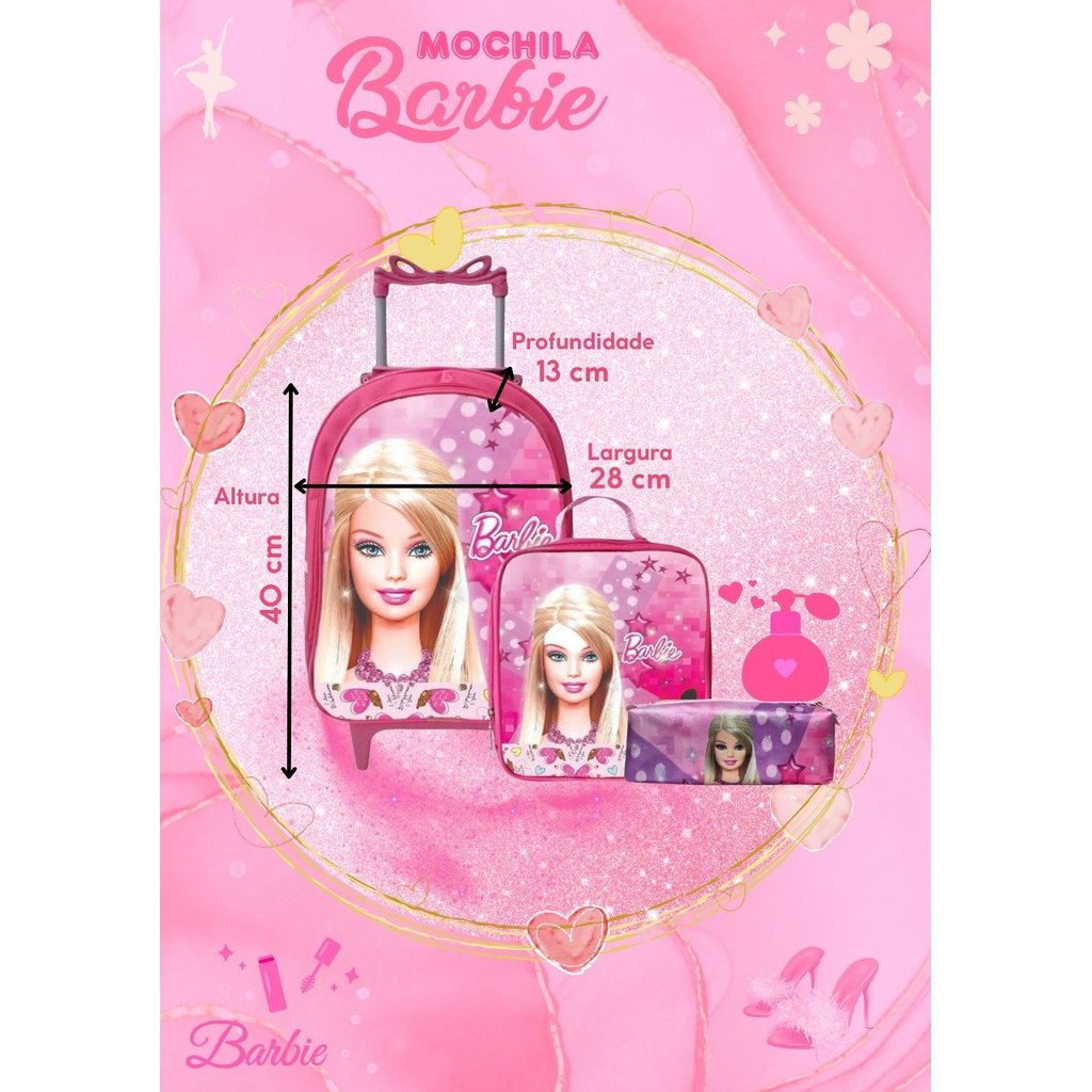 TAID Kit Mochila Rodinhas + Lancheira + Estojo Barbie