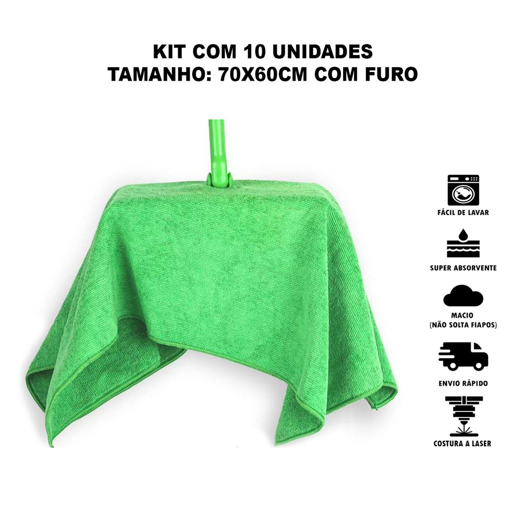 Kit 10 Panos de Chão Microfibra 70x60cm Furo para Rodo Limpeza