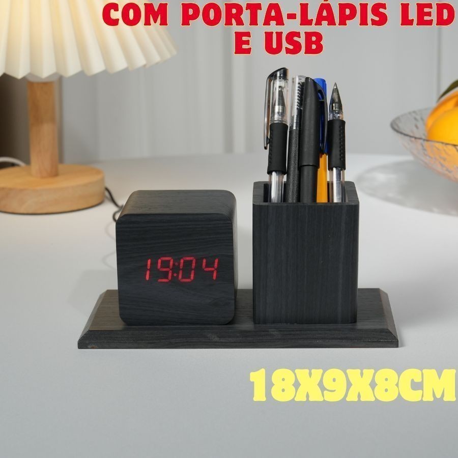 Relógio De Madeira Com Porta-lápis LED E USB Com Temperatura E Calendário Fonte Vermelho 18x9x8Cm