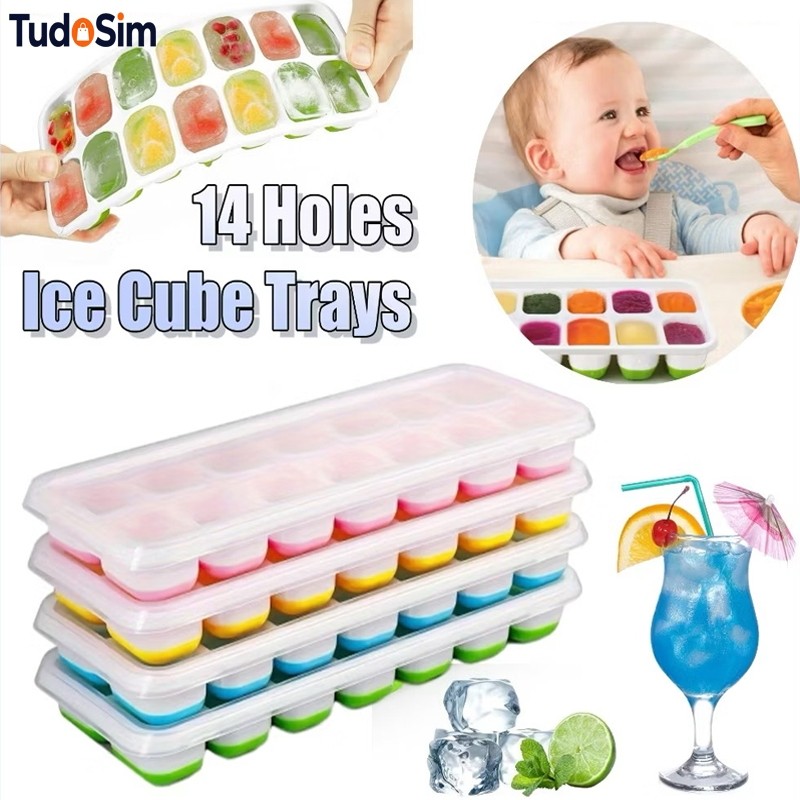 Formas de Gelo Silicone Com Tampa Rígida Flexível Fundo Retangular 14 Cubos Multiuso Lavável