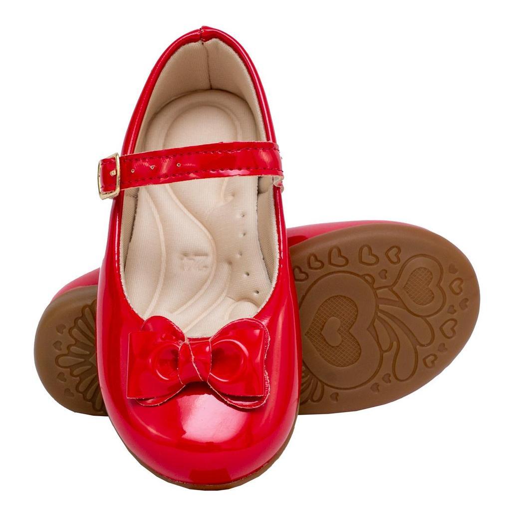 Sapatilha Boneca Infantil Menina Vermelha Verniz Laço Elegante Do 16 Ao 34 Confortável Macia