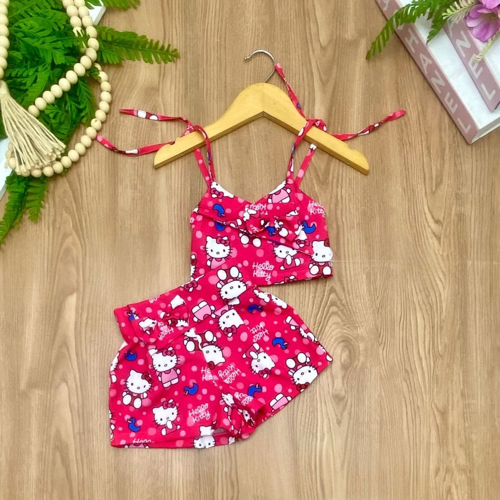 Conjunto Estampado Hello Kitty Stitch Meninas 2 á 10 Anos Verão Confortável Fresquinho