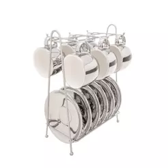 Conjunto 6 Xícaras de Café com Pires de Porcelana e Suporte Versa Prata/Branco 90ml - Wolff