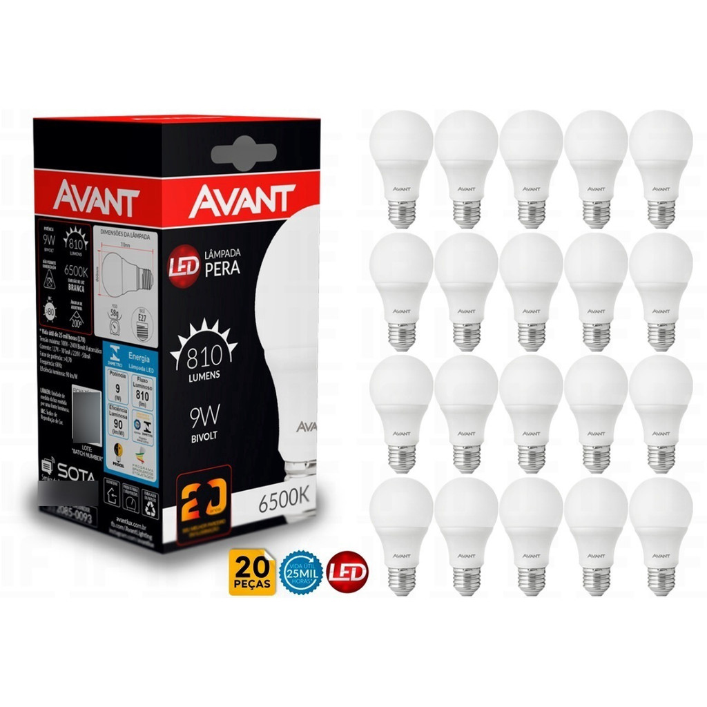 Kit 20 Lâmpadas Bulbo Led Avant 9w E27 6500k Bivolt