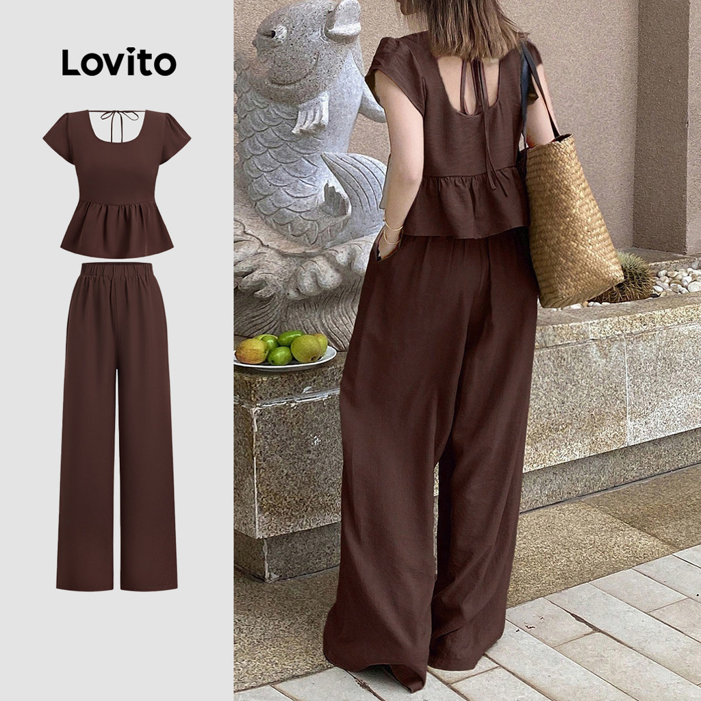 Lovito Conjunto Casual Blusas Calças Laço Nas Costas Modelagem Solta Mulheres Ideal Para a Primavera/verão L143ED854 em Oferta na Shopee