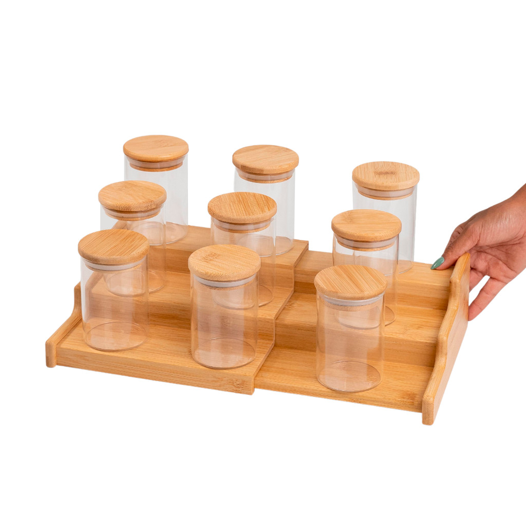 Kit 9 Potes 250ml Tampa Bambu E Rack Organizador Bambu Oikos em Oferta na Shopee