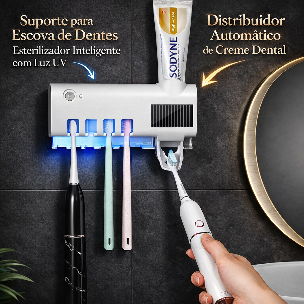 Suporte Escovas Dentes Esterilizador Luz UV + Distribuidor Automático Creme Dental Solar Inteligente Recarregável USB