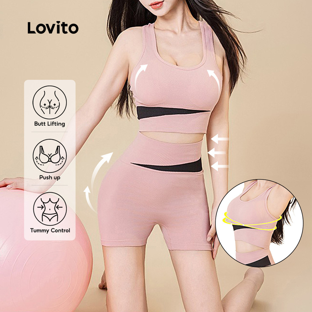 Lovito Conjunto Esportivo Colorblock Push Up Yoga Cintura Alta LNA109027 em Oferta na Shopee