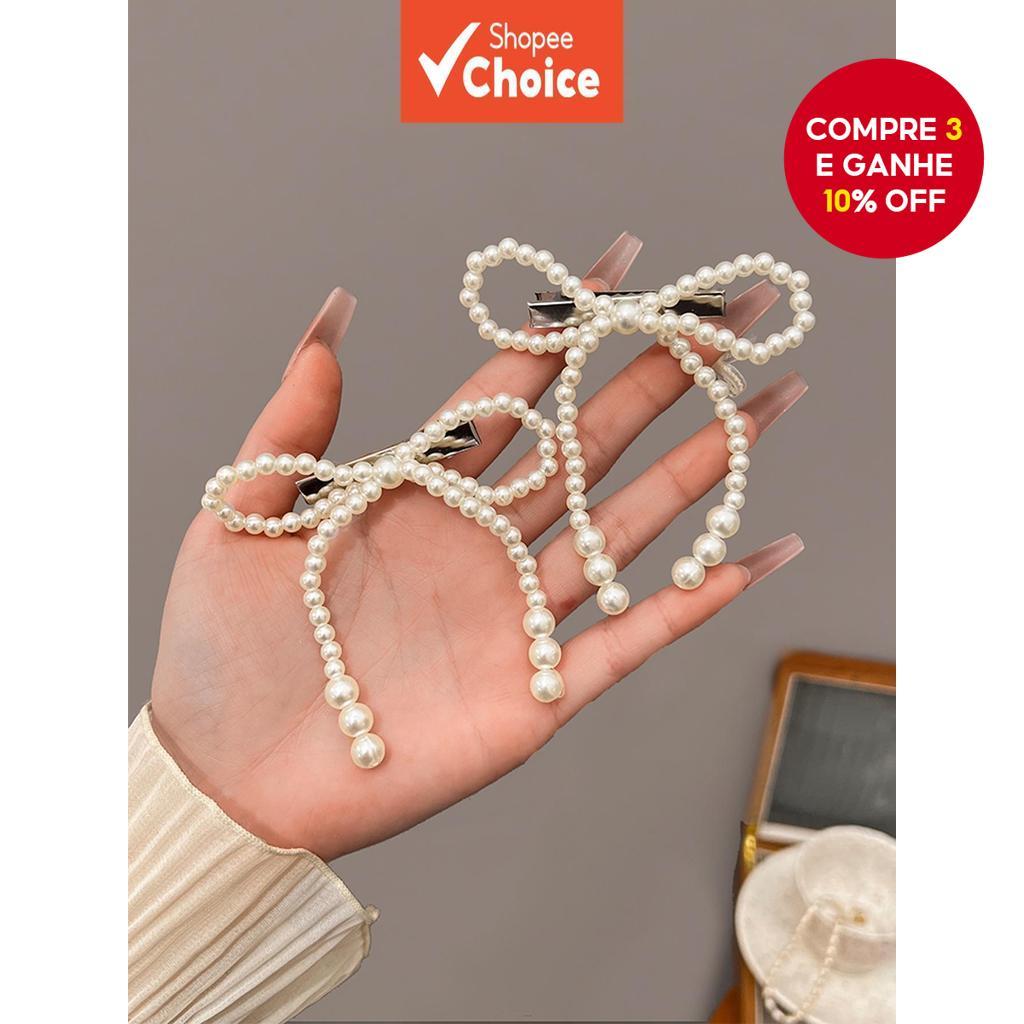 Grampo De Cabelo Com Laço De Pérola Bege Feminino Elegante Acessório Bico De Pato Brilhante em Oferta na Shopee