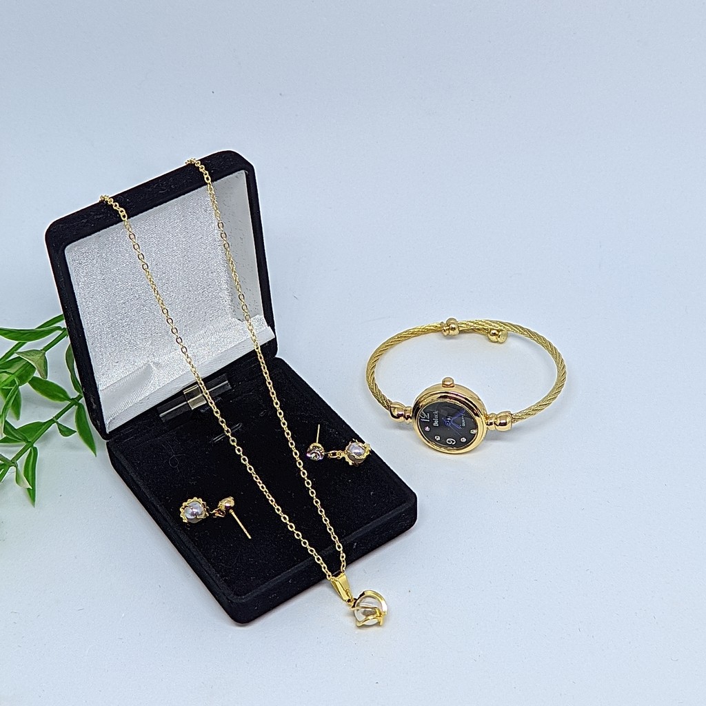 Kit Relógio Feminino Bracelete aço Inoxidável Quartz Ajustável + Colar e Brincos Folheado antialérgico Lançamento 2026