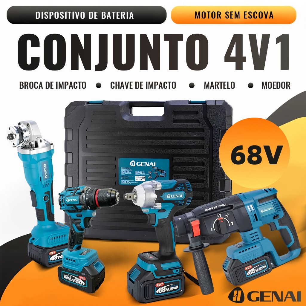 【GENAI】68 V Conjunto de ferramentas elétricas sem escovas 4 em 1 de com 13 acessórios para ferramentas