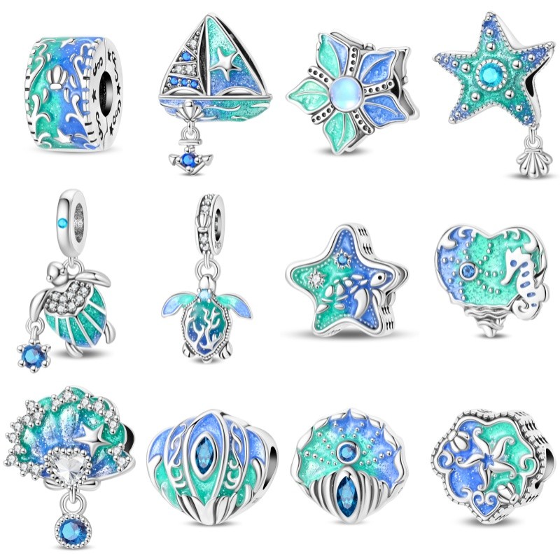 Berloque pulseira pingente S925 prata esterlina azul luminoso charme estrela tartaruga concha pulseira DIY