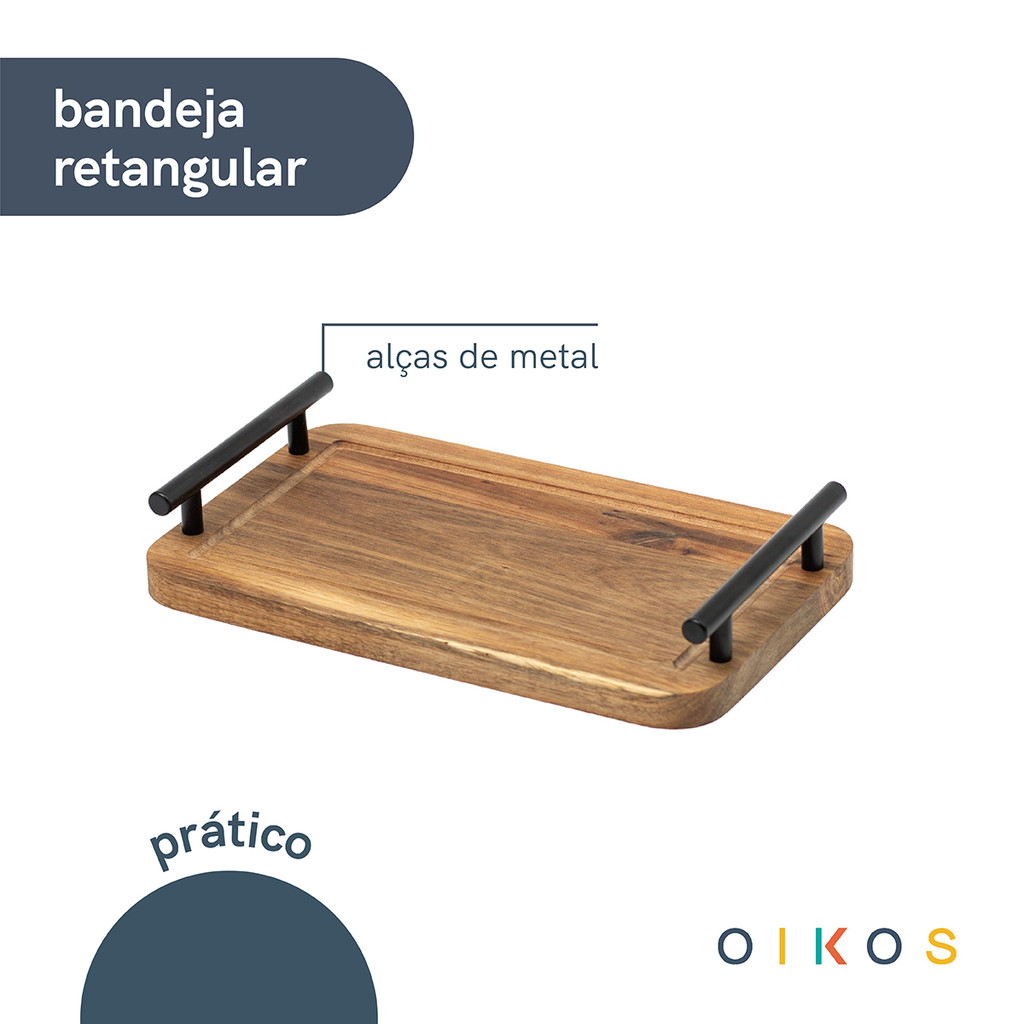 bandeja de madeira acácia com alças multiuso - Oikos