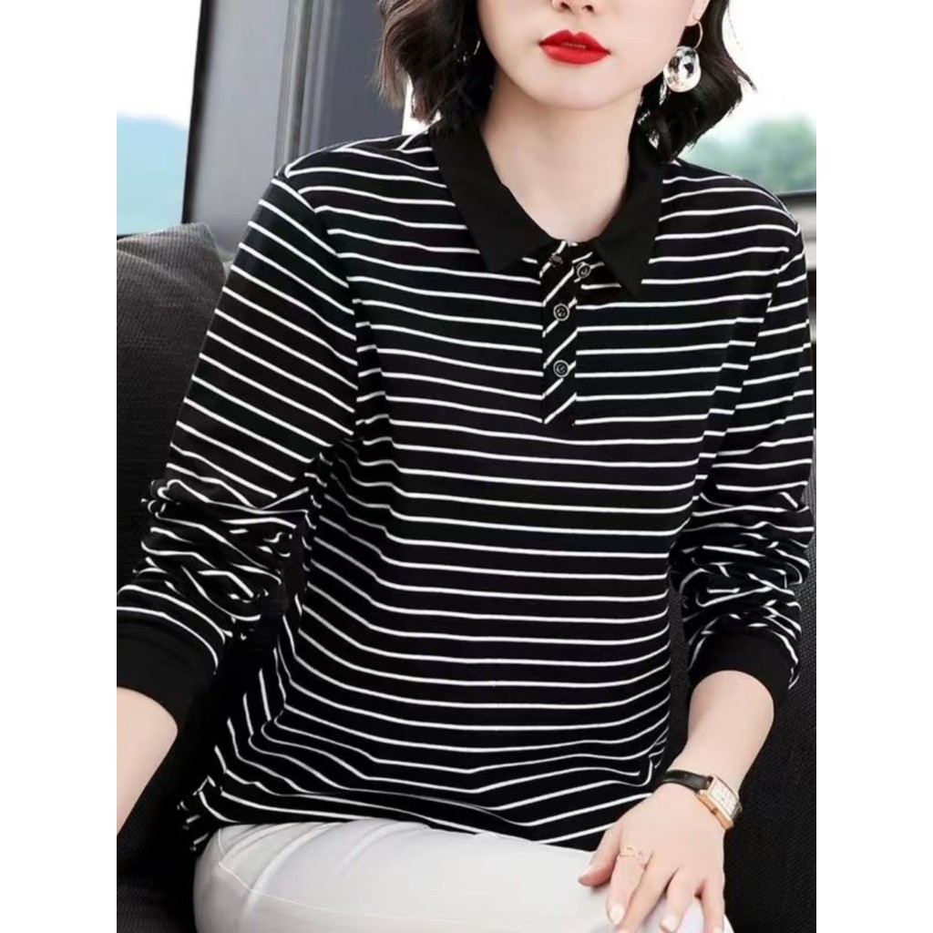 Mãe de meia-idade primavera novo estilo solto listrado manga comprida camiseta feminina estilo ocidental idade @-