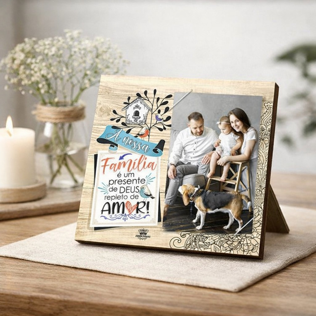 Porta Retrato de Mesa com Pedestal - Família é um Presente de Deus, Repleto de Amor