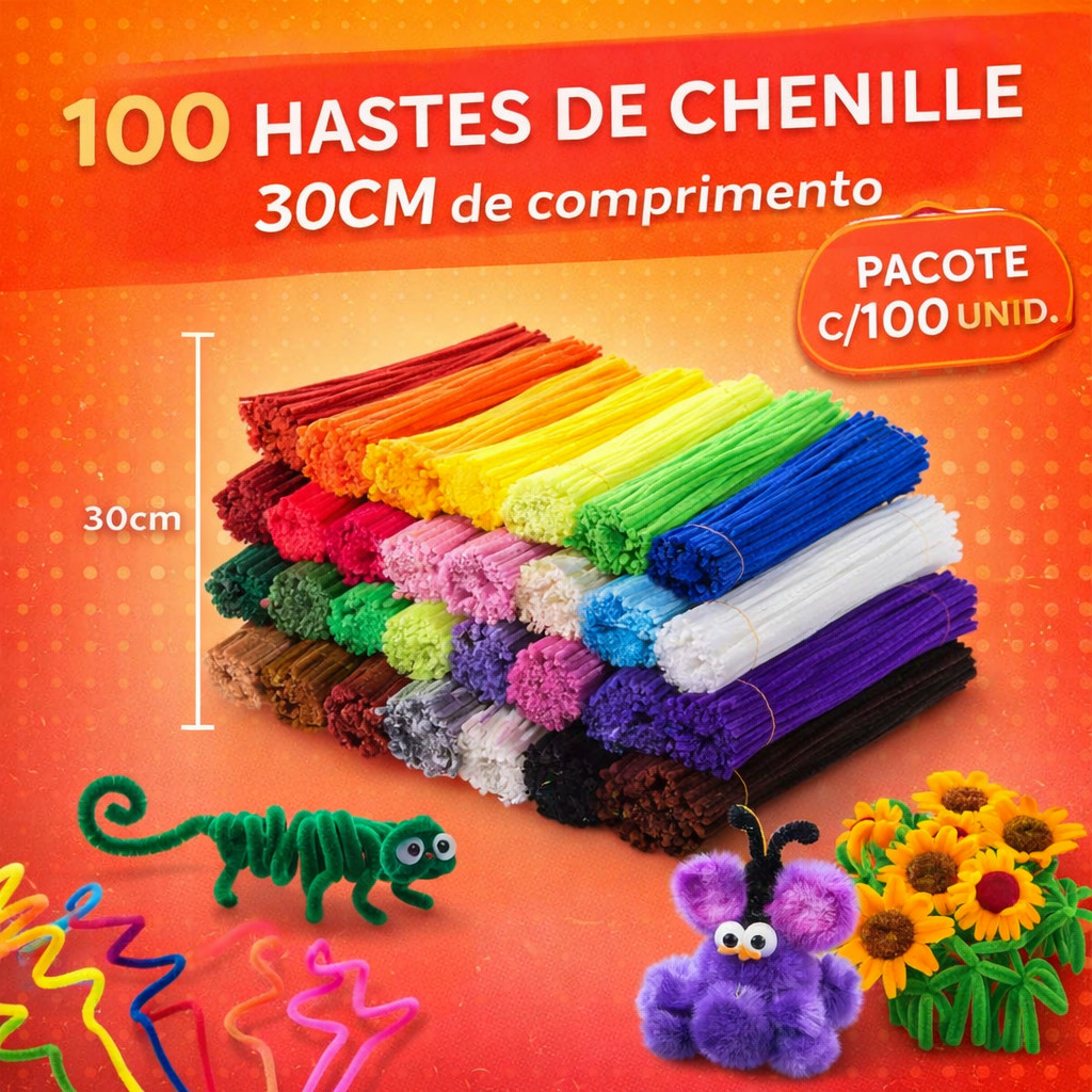 100 Hastes Chenille 30cm Coloridas | Limpador de Cachimbo para Artesanato Escolar DIY