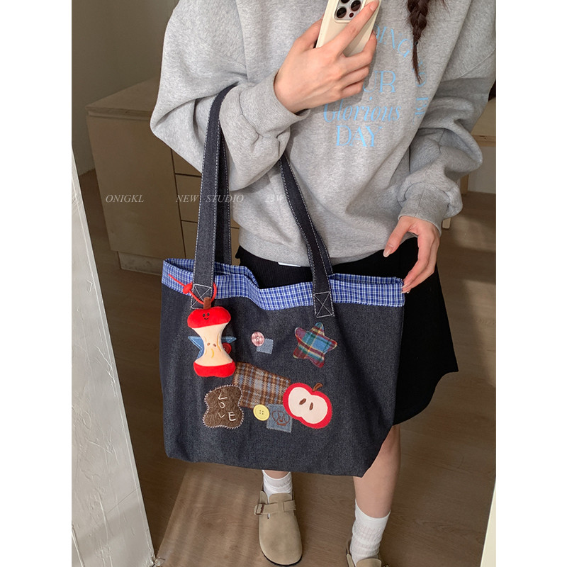 Bolsa jeans de grande capacidade feminina 2025 novo estilo outono inverno bolsa de ombro estilo coreano trabalho Commute