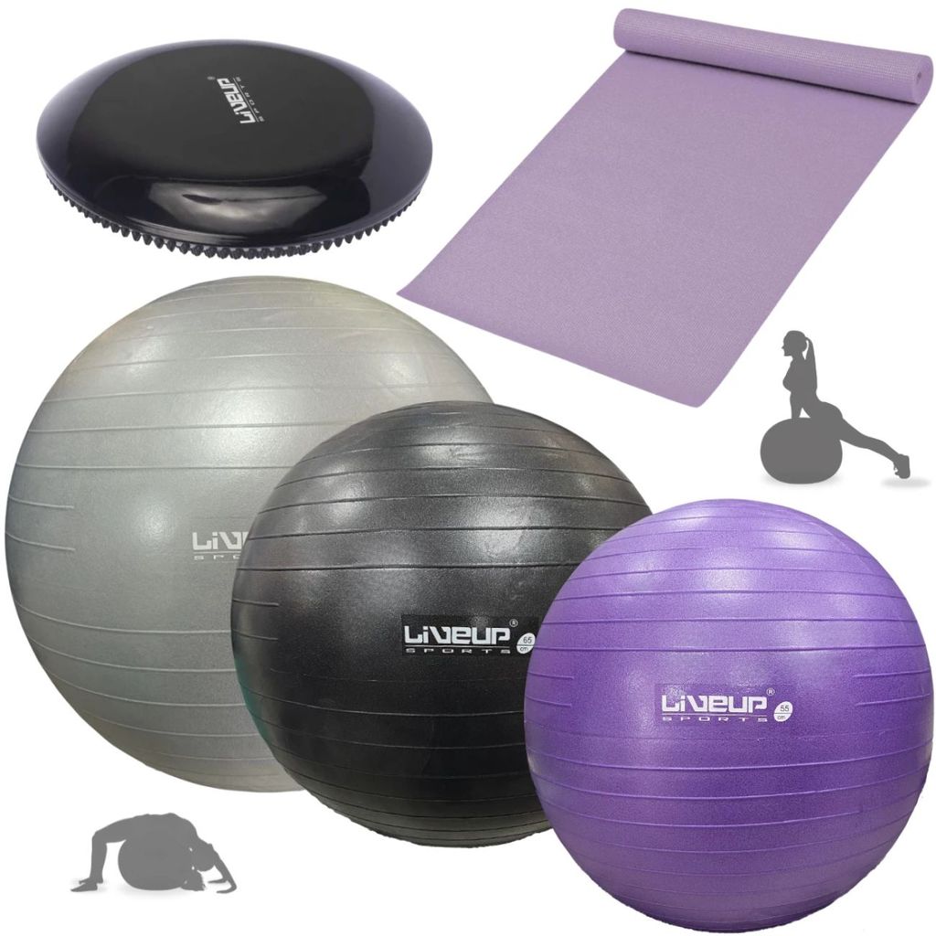 Kit Bolas Pilates (55cm, 65cm e 85cm) Anti Estouro com Inflador+ Colchonete 1,73m + Disco Equilíbrio