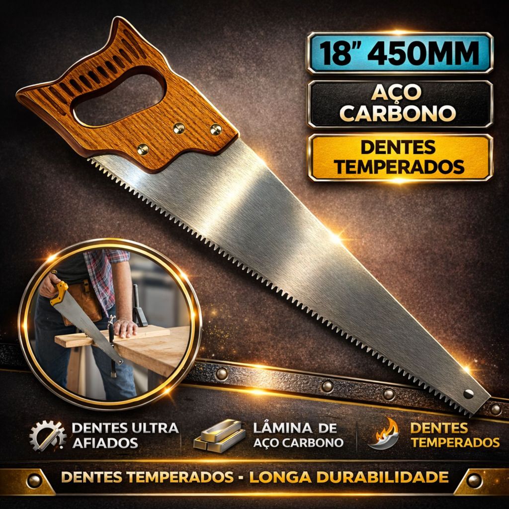 Serrote Madeira 18 Profissional Aço Carbono Corte Preciso Dentes Temperados Marceneiro Carpinteiro