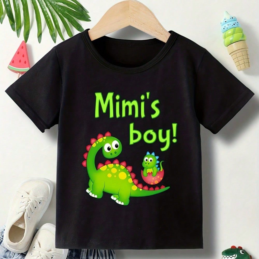 Camiseta Infantil Mimi's Boy com Estampa de Dinossauro Foto Camiseta Infantil 100% algodão Letras Cartoon para Meninos