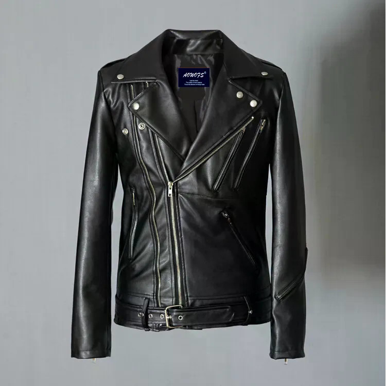 Jaqueta De Couro PU Para Motocicleta Homens , Vários Zíperes , Punk Rock , Gola Redonda , Lavagem Fina , Marca , Moda ,