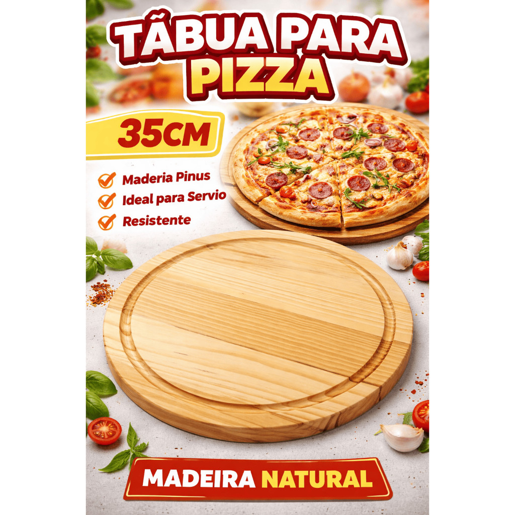kit 10 Tábua para Pizza 35cm Madeira Pinus Cru Natural Redonda Base para Servir Pizza Churrasco Cozinha Resistente