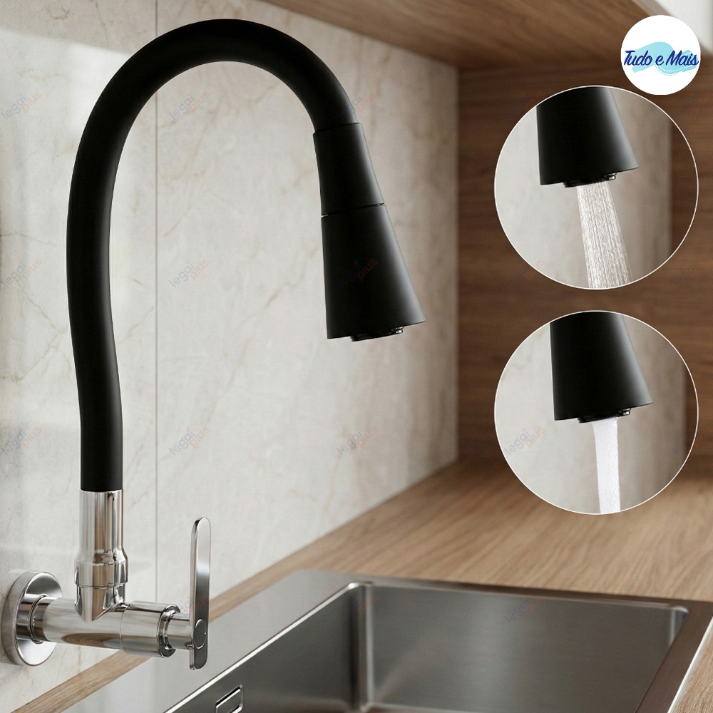 Torneira Cozinha Preta Parede Flexível Duplo Jato Cone 1/4 Volta