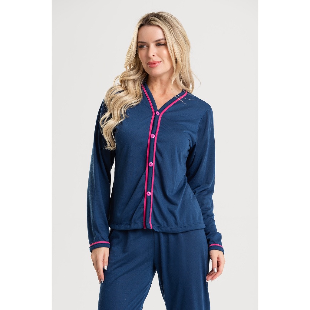 Pijama Longo Feminino Adulto Inverno Roupa de Dormir Botão
