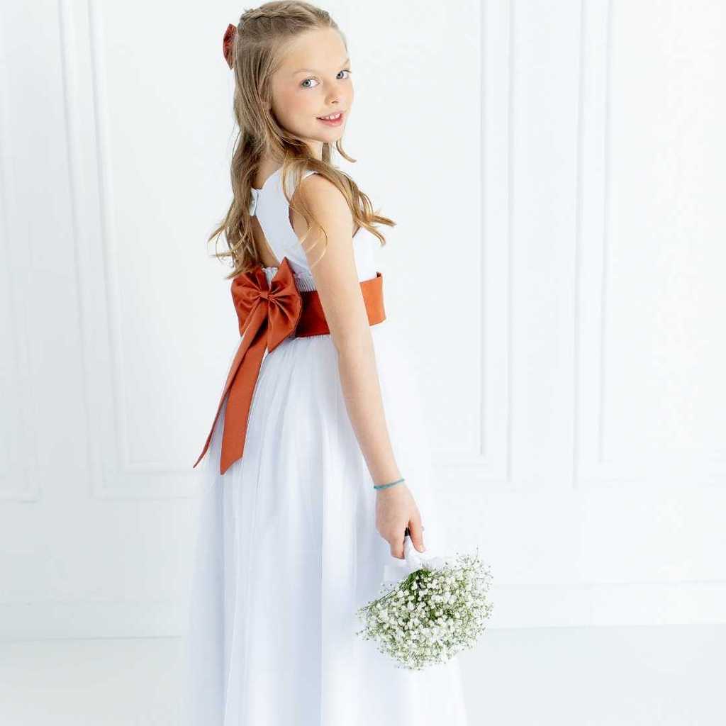 Vestido Longo  Branco Meninas Dama de Honra Faixa 5 CORES  REF4072